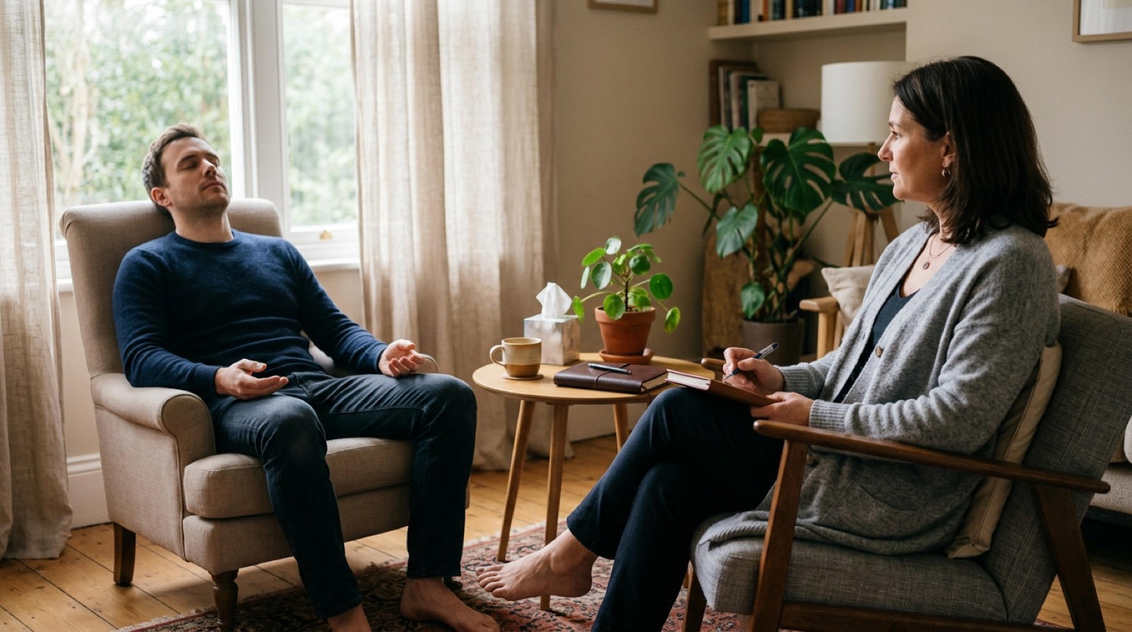 A practitioner listening to a client in a calm, daylit consulting room