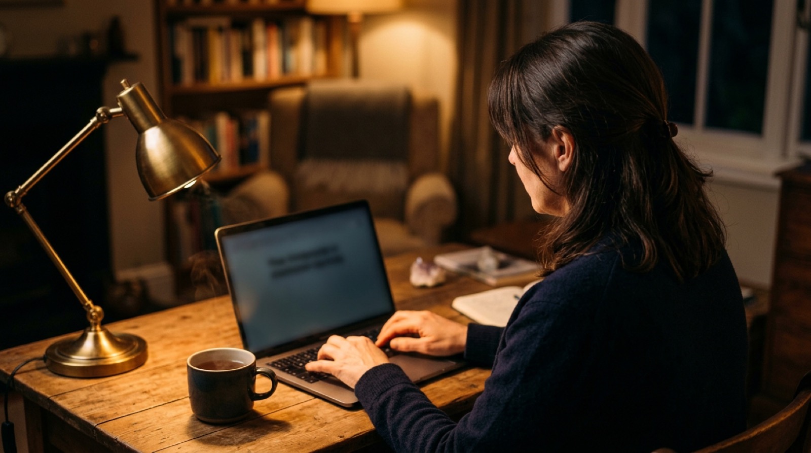 The same practitioner writing a few lines under a warm lamp in the evening