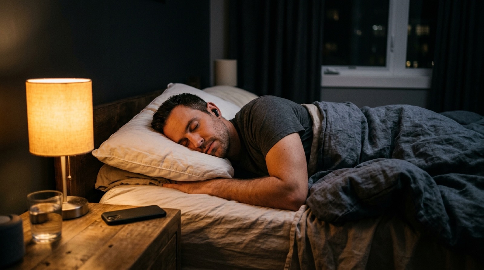 A person asleep in bed at night with an earbud in, phone on the nightstand