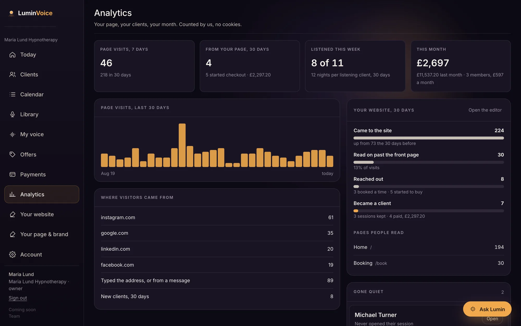 The analytics screen with page visits, where visitors came from and the path from visit to client.