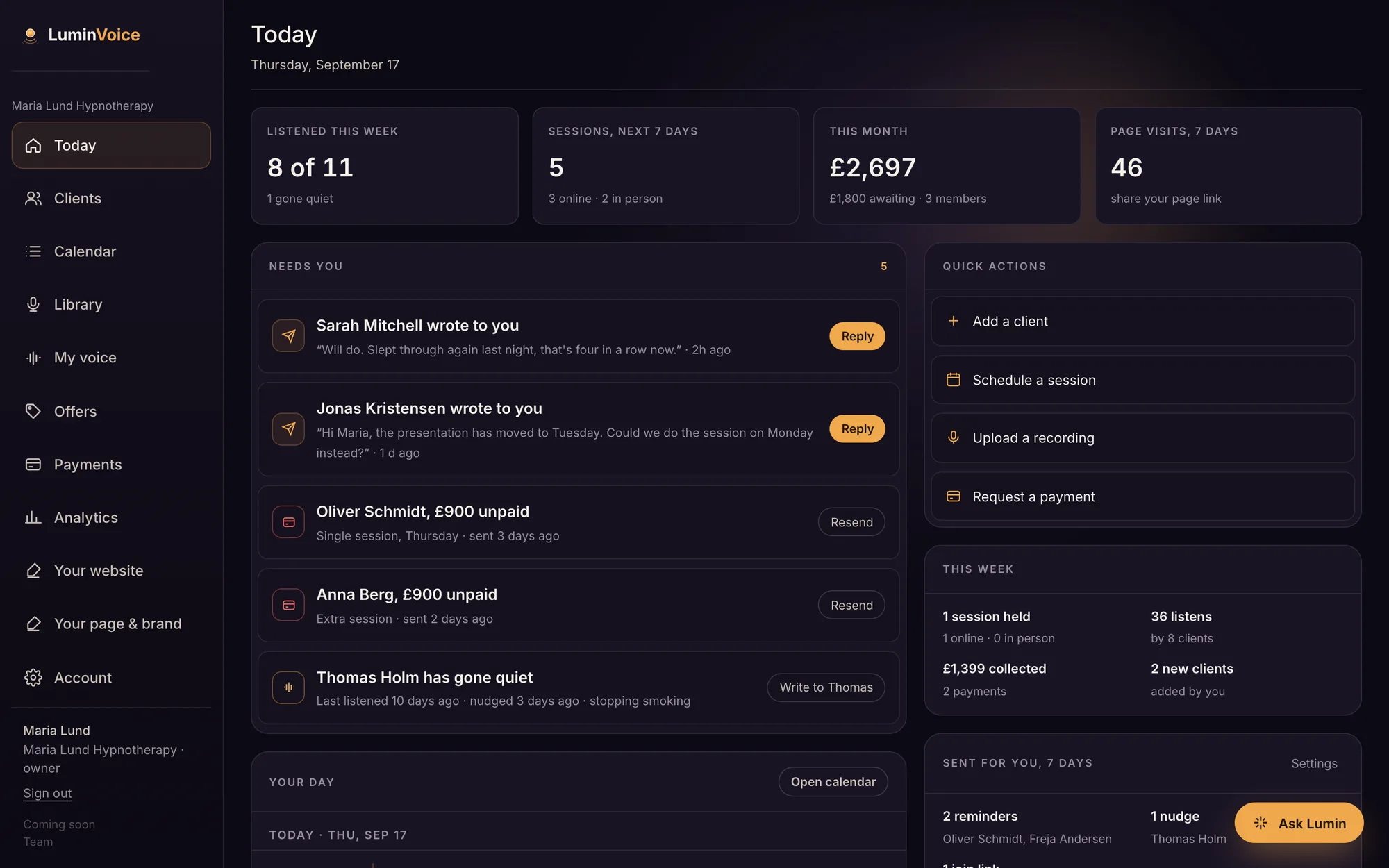 The LuminCoach home screen: a morning inbox of clients who need a reply, unpaid sessions and quiet clients.