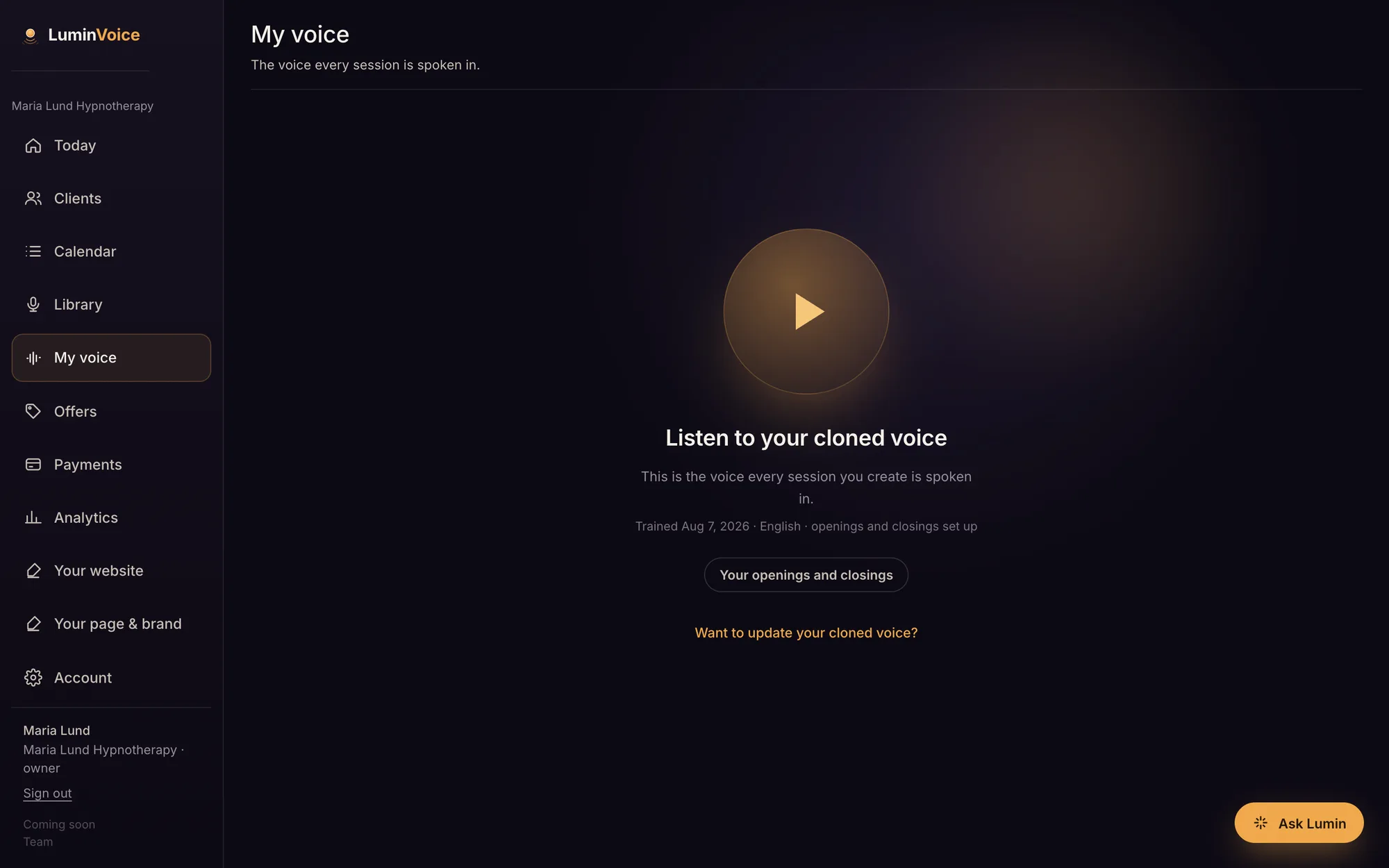 The My voice screen with a large play button to hear the practitioner's cloned voice.